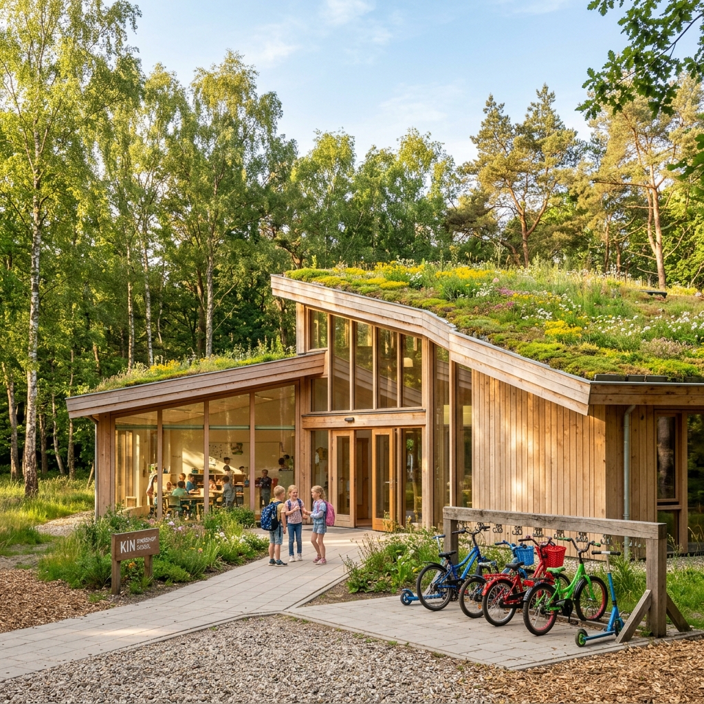Het prachtige natuurlijke houten schoolgebouw van BBS De Verwondering in de bossen van Alteveer
